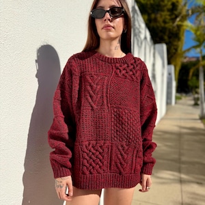 Vintage Irish Fishermans Sweater in Red, Handknit Aran Heavy WOOL Sweater, Pullover Cable Knit Sweater, MENS ACA 963 Crewneck Sweater, Large