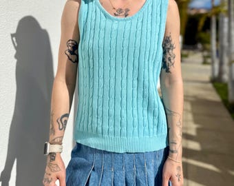 Vintage Baby Blaue Pullover Weste, Pierre Cardin Cottage Coquette Pullover Strickoberteil, Damen Zopfmuster Preppy Pullover Weste, 100% Baumwolle