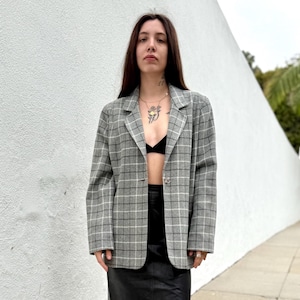 Vintage jaren 90 tartanblazer, HERMAN GEIST klassieke grijze geruite blazer, preppy Academia-stijl, geruit jack van wolmix, maat M/L