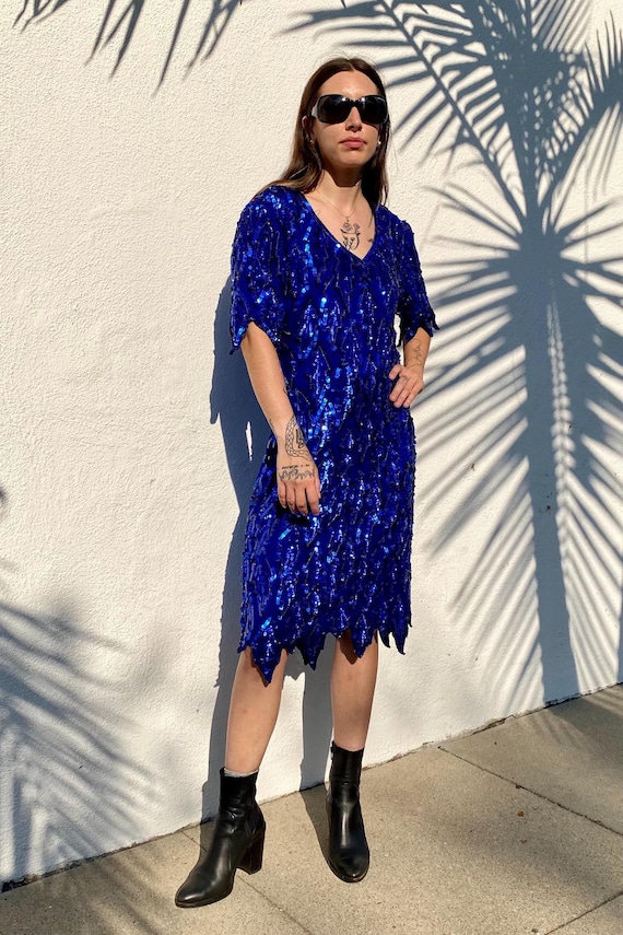 Vintage 80's/90's Blue Silk Sequin Dress, Holiday Party Top, Golden Girls  Party Dress, Holiday Sparkle Vintage Dress in Bright Blue, Medium - Etsy