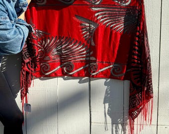 Bufanda vintage negra y roja brillante / Bufanda art déco de lúrex transparente con flecos / Bufanda rectangular