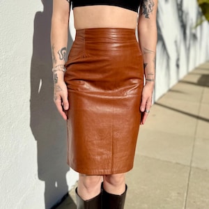 Vintage Brown Leather Pencil Skirt, 80s/90s Tan Leather Skirt, Minimalist High Waist Skirt, Leather Biker Skirt, Made in USA, 23 Inch Waist
