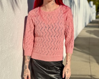 Vintage 80s Pink Knit Sweater, 1980s Spring Sweater for Women, 80s Sweater, Hand Knit Vintage Sweater, Vintage Jumper, Size XS