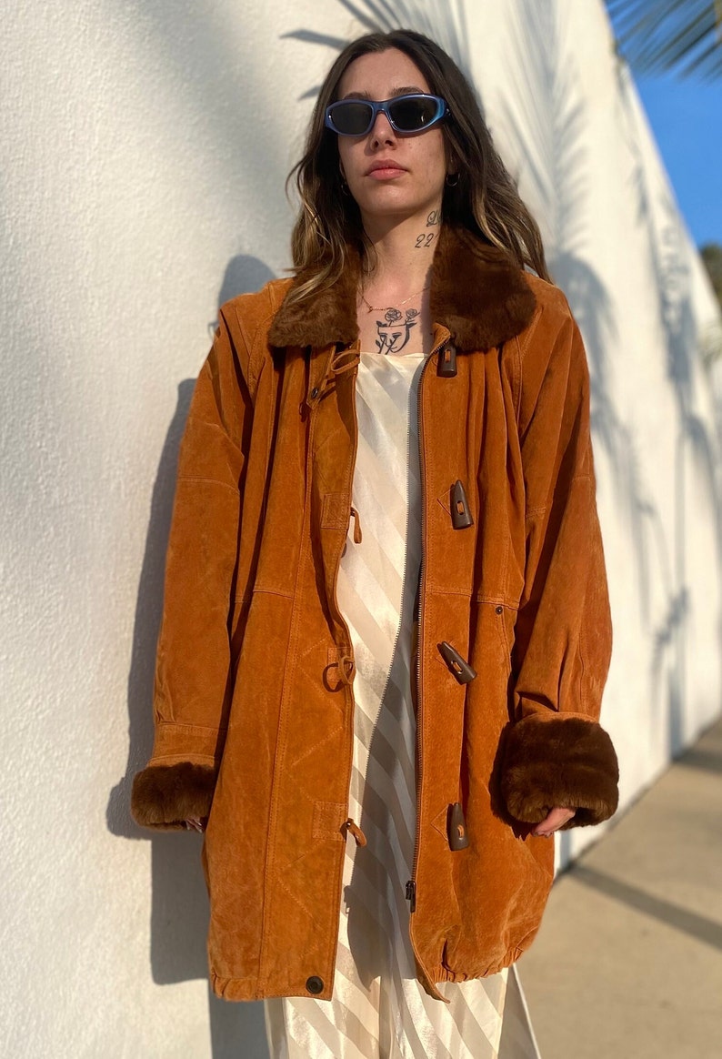 Vintage 90's Oversized Brown Leather Parka with Faux Fur Trim, Womens Brown Leather Coat, Suede Warm Winter Jacket, Boho Coat, Medium image 3