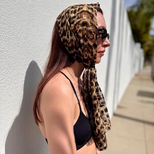 Vintage Leopard Print Sheer Scarf, Brown Animal Print Head Scarf, Long Neck Scarf, Wear it Over Your Baseball Hat, Festival Scarf