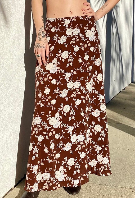 Vintage 90s Floral Print Maxi Skirt, Brown Maxi S… - image 5