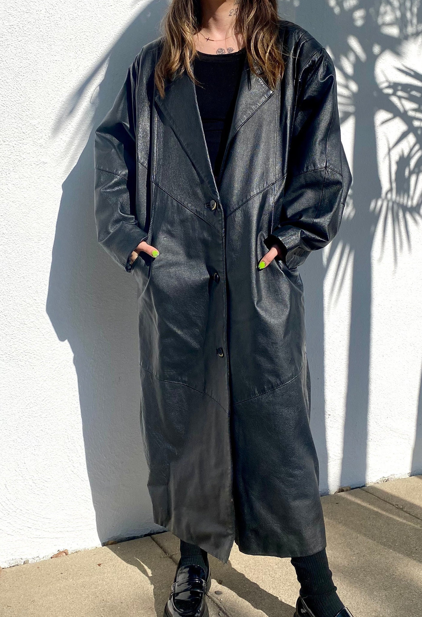 Vintage Long Leather Trench Coat, Early 90s Minimalist Black Vintage Long Leather Trench Coat, Early 90s Minimalist Black