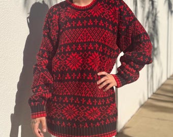 Sweter bawełniany GAP w stylu vintage z lat 90. | Czerwono-czarny sweter w stylu nordyckim