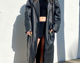 ジャケット・アウター Vintage genuine lether long coat archive Vintage Long Leather Trench Coat, Early 90s Minimalist Black