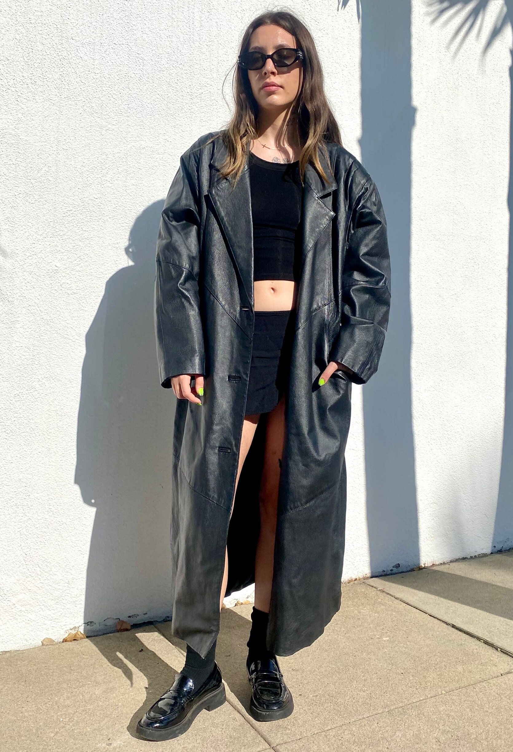 Vintage Long Leather Trench Coat, Early 90s Minimalist Black Vintage Long Leather Trench Coat, Early 90s Minimalist Black