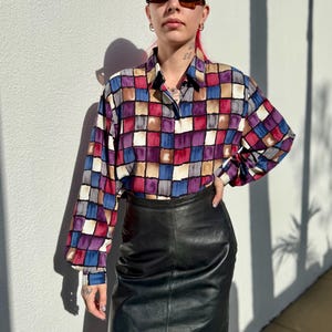 Vintage 90s Printed Button Up Shirt, Long Sleeve Button Up, All Over Print, Patterned Button Up Collared Blouse, Plus Size Vintage, Size 14