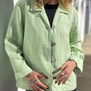 Vintage 90s Linen Jacket, Lime Green Top, Boxy Linen Shirt, Minimalist Boxy Shacket, Sustainable Womens Shirt-Jacket, Size Medium image 4