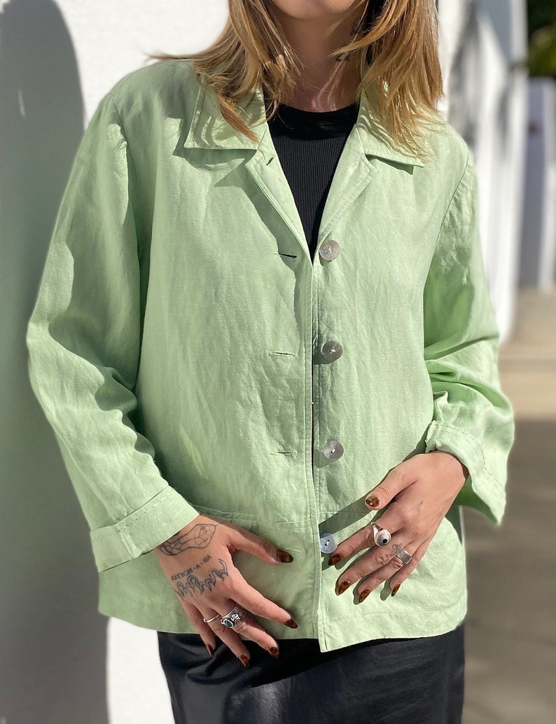 Vintage 90s Linen Jacket, Lime Green Top, Boxy Linen Shirt, Minimalist Boxy Shacket, Sustainable Womens Shirt-Jacket, Size Medium image 4