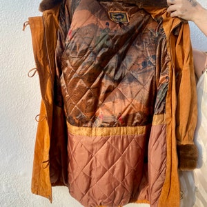 Vintage 90's Oversized Brown Leather Parka with Faux Fur Trim, Womens Brown Leather Coat, Suede Warm Winter Jacket, Boho Coat, Medium image 7