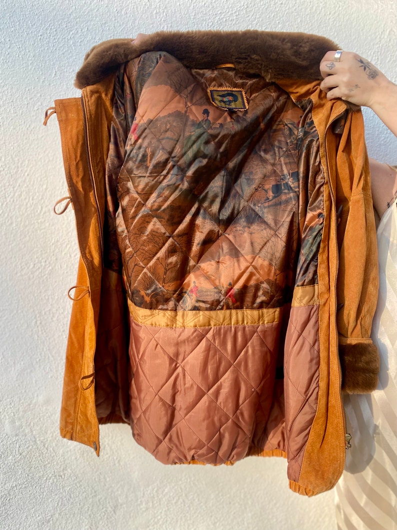 Vintage 90's Oversized Brown Leather Parka with Faux Fur Trim, Womens Brown Leather Coat, Suede Warm Winter Jacket, Boho Coat, Medium image 7