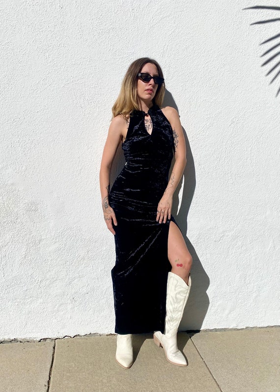 Vintage 90s Black Crushed Velvet Dress, Vintage Dr