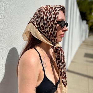Vintage Leopard Print SILK Scarf, Brown Animal Print Head Scarf, Square Neck Scarf, Wear it Over Your Baseball Hat, Festival Scarf