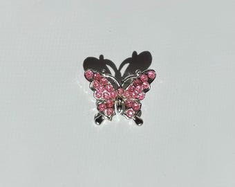 Broche vintage de mariposa rosa con diamantes de imitación plateados, regalo vintage