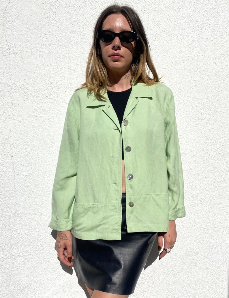 Vintage 90s Linen Jacket, Lime Green Top, Boxy Linen Shirt, Minimalist Boxy Shacket, Sustainable Womens Shirt-Jacket, Size Medium image 1
