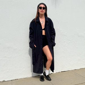 MENS Vintage 90s Black Trench Coat | GORE-TEX Classic Long Overcoat | Minimalist Belted Jacket | Parisian Preppy Outerwear | Timeless Style