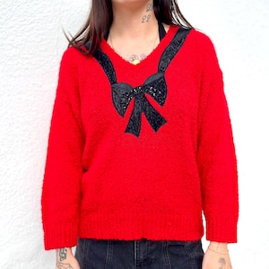 Suéter rojo vintage de los 80 con lazo, top de punto texturizado retro de los 80 de LE CHOIS, suéter rojo brillante con efecto flameado, top retro femenino, estética suave para chica.