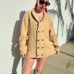 Vintage Mens Beige Cardigan, Vintage Double Breasted Menswear Sweater, Oversized Preppy Cable Knit Cardigan, Retro Cotton Grandpa Sweater