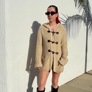 Vintage Montgomery Ward Beige Cardigan, Cozy Oversize BOHO Sweater with Hood, Tan Cable Knit Cardigan with Pockets, Size Medium