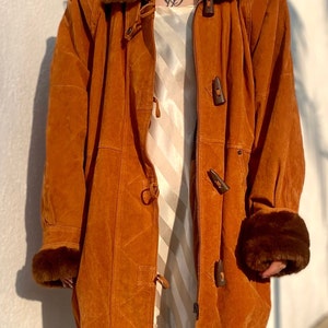 Vintage 90's Oversized Brown Leather Parka with Faux Fur Trim, Womens Brown Leather Coat, Suede Warm Winter Jacket, Boho Coat, Medium image 2