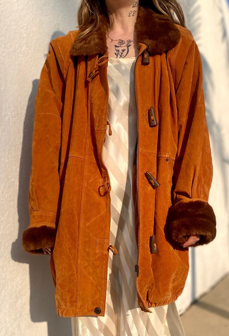 Vintage 90's Oversized Brown Leather Parka with Faux Fur Trim, Womens Brown Leather Coat, Suede Warm Winter Jacket, Boho Coat, Medium image 2