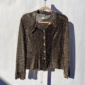 Vintage 70s/80s Gold Disco Ball Top, NYE Sequin Long Sleeve Glamorous Blouse, Sparkly Party Wear Shimmery Shirt, Made in USA, Fits like XS/S