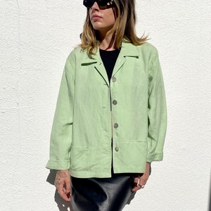 Vintage 90s Linen Jacket, Lime Green Top, Boxy Linen Shirt, Minimalist Boxy Shacket, Sustainable Womens Shirt-Jacket, Size Medium image 2