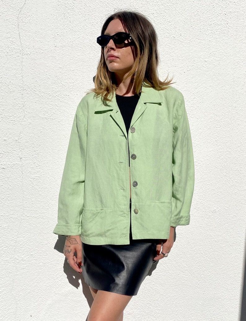 Vintage 90s Linen Jacket, Lime Green Top, Boxy Linen Shirt, Minimalist Boxy Shacket, Sustainable Womens Shirt-Jacket, Size Medium image 2