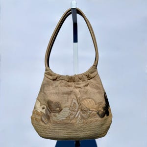 Vintage 80&#39;s Boho Tote Bag with Butterflies, Malerie Barad 70s Style Tan Oversized Purse, Retro Shoulder Bag