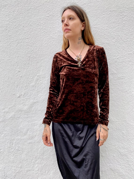 Vintage 90s Crushed Velvet Top, Brown 90s Velvet … - image 1