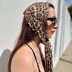 Vintage Extra Large Leopard Print Sheer Scarf, Brown Animal Print Mesh Head Scarf, Long Festival Scarf, Wear it Over Your Baseball Hat