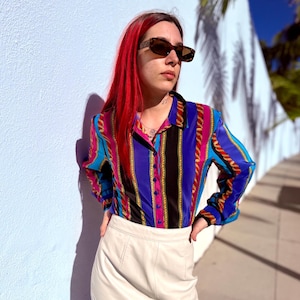 Vintage 90s Printed Button Up Blouse, Chain Pint Retro Long Sleeve Button Up Shirt, Colorful Printed Shirt, Vintage Blouse, Made in USA, S