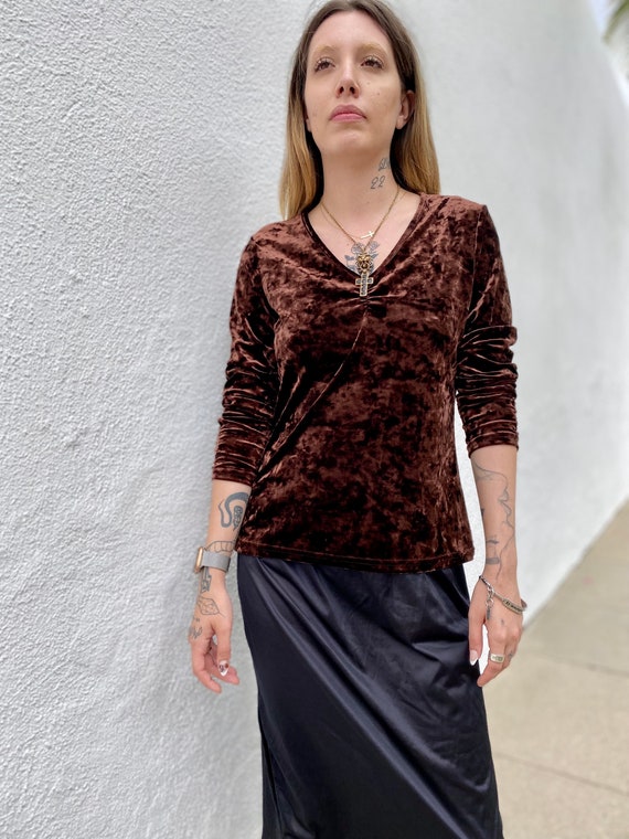 Vintage 90s Crushed Velvet Top, Brown 90s Velvet … - image 4