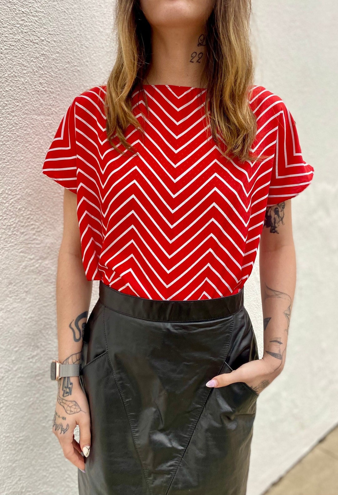Vintage 80s Red and White Zig Zag Print Blouse, Campus Casuals, Short
