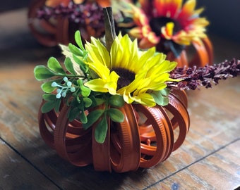 Mason Jar lid Fall Pumpkins, centerpieces, wedding, floral, sunflowers, orange