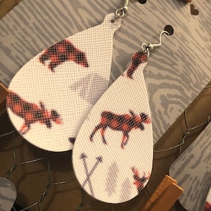 Buffalo Plaid Leather Earrings, Moose, Deer, Bears