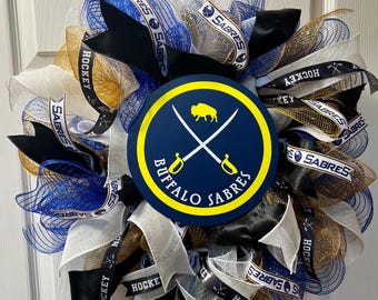 Buffalo Sabres Hockey Wreath with Blue, Gold and White.