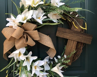Easter Lily, Grapevine, Cross Wreath, Happy Easter Door Decor