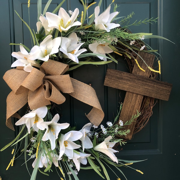 Easter Lily, Grapevine, Cross Wreath, Happy Easter Door Decor