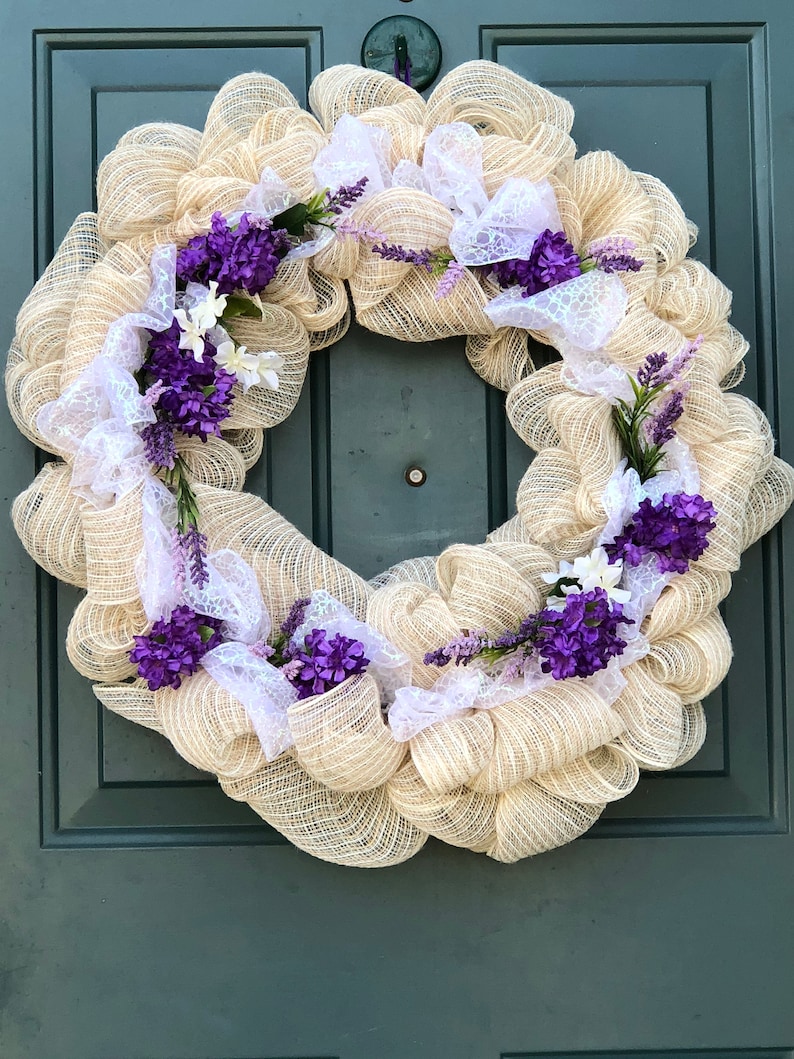 Everyday Spring Burlap Mesh Wreath Purple Flowers