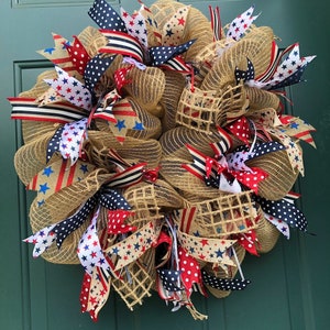 Patriotic Wreath- 4th of July- Memorial, red white and blue, American front door wreath