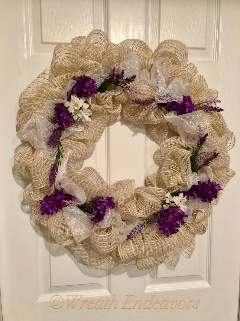Everyday Spring Burlap Mesh Wreath Purple Flowers