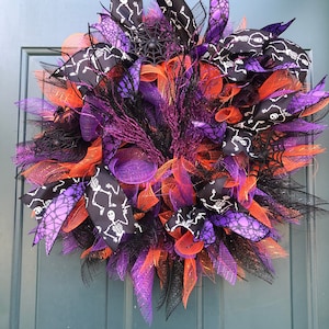 Skelton, spiders, Purple, Black, Orange Halloween Wreath.