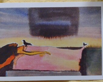 May include: A watercolor painting of a woman lying on a pink bed with two black birds perched on the edge. The background is a cloudy sky with a dark shape in the upper center.