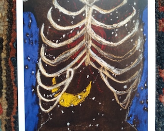 May include: A dark brown background with a white skeletal ribcage and a yellow crescent moon. The background is covered in white dots and a red heart shape is visible in the center of the ribcage.