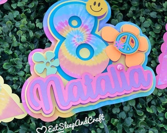 Tie Dye Cake Topper, Tie Dye Banner, Tie Dye Favor Boxes, Tie Dye Party Decor, Hippie Cake Topper, Hippie Party Decor,70's Cake Topper
